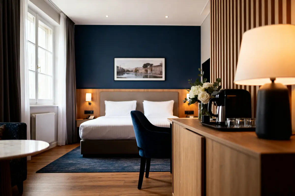 Chambre lumineuse d'hôtel avec lit double, décoration moderne, bureau en bois, chaise bleue et lampes.