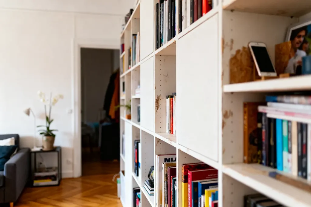Étagère blanche moderne avec livres, smartphone et photo dans un intérieur lumineux avec parquet en bois.