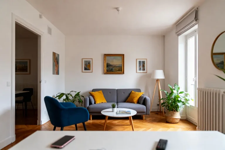 Salon élégant avec canapé gris, fauteuil bleu, coussins jaunes, table ronde blanche, plantes vertes et décoration murale.