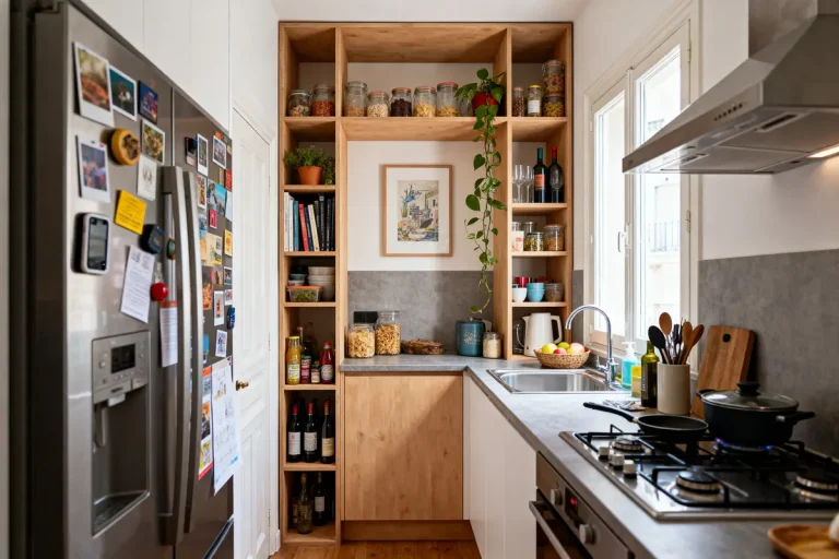 Cuisine moderne avec étagères en bois, réfrigérateur, évier, et gazinière. Déco comprenant cadre, plantes, magnets.