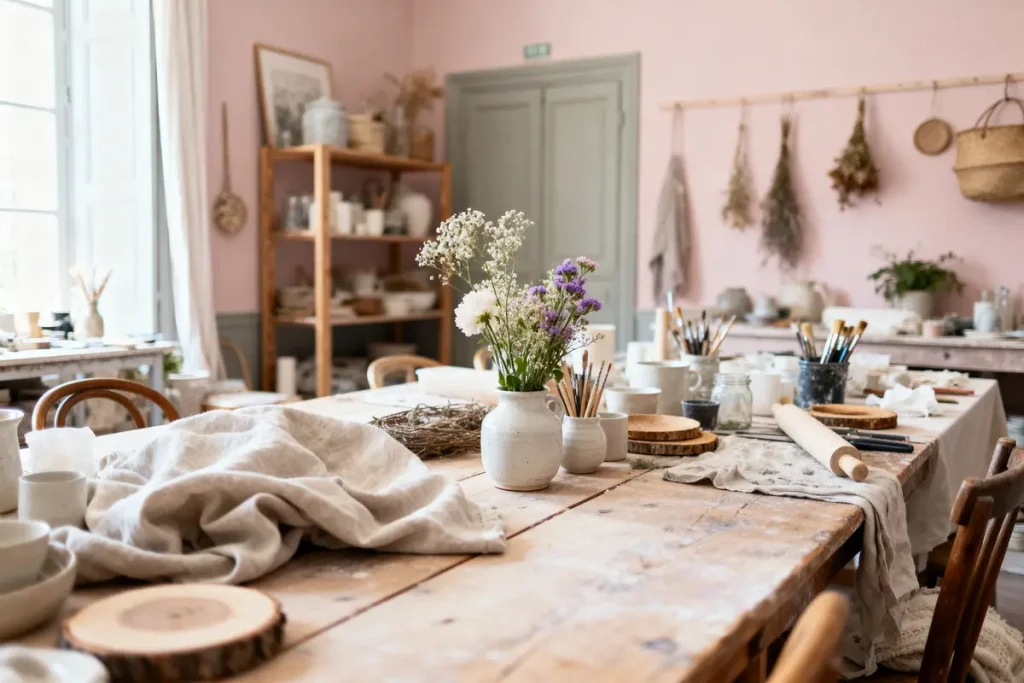 Table rustique avec pots, pinceaux et fleurs dans un atelier lumineux. Étagères remplies de céramiques, tissus suspendus.