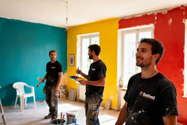 Trois peintres discutent dans une pièce colorée, murs peints en bleu, jaune et rouge vif.