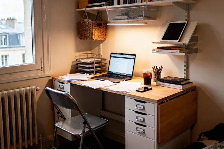 Bureau d'étude organisé avec ordinateur portable, documents, cahier, et boisson près d'une fenêtre. Ambiance studieuse.