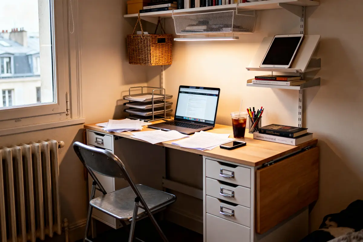 Bureau d'étude organisé avec ordinateur portable, documents, cahier, et boisson près d'une fenêtre. Ambiance studieuse.