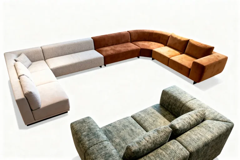 Canapés modulables en tissu beige, marron et gris, disposés en forme de L, sur fond blanc.