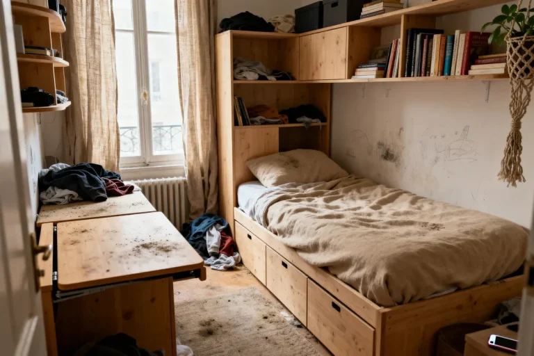 Petite chambre désordonnée avec lit simple, vêtements éparpillés, bibliothèque et fenêtre aux rideaux beiges.