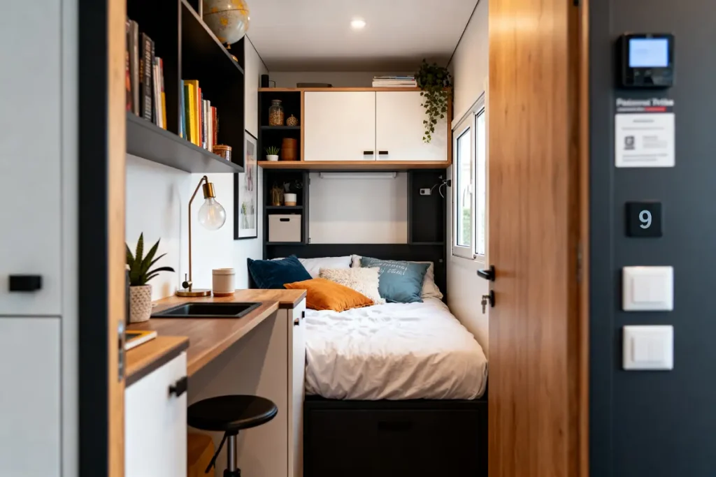 Intérieur moderne et compact, lit deux places, kitchenette avec rangements, ambiance chaleureuse et fonctionnelle.