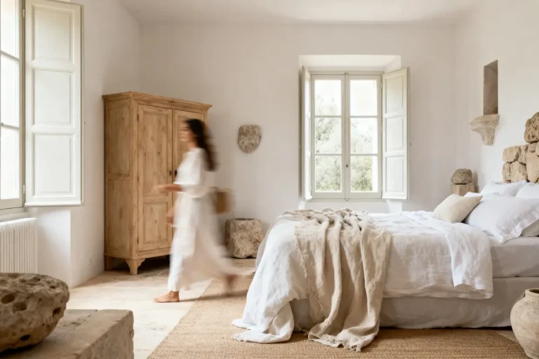 Chambre lumineuse avec fenêtre, lit double, armoire en bois, décor rustique et femme en mouvement flou.
