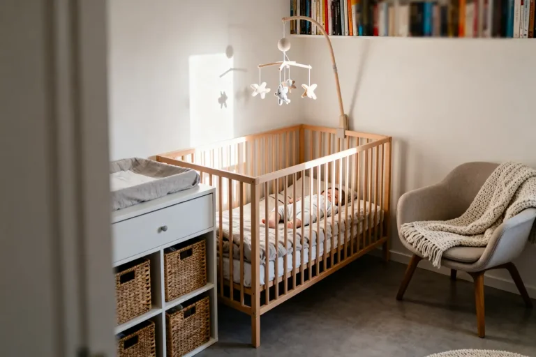 Petit enfant dormant paisiblement dans un lit à barreaux clair, chambre sobrement décorée avec fauteuil et paniers.