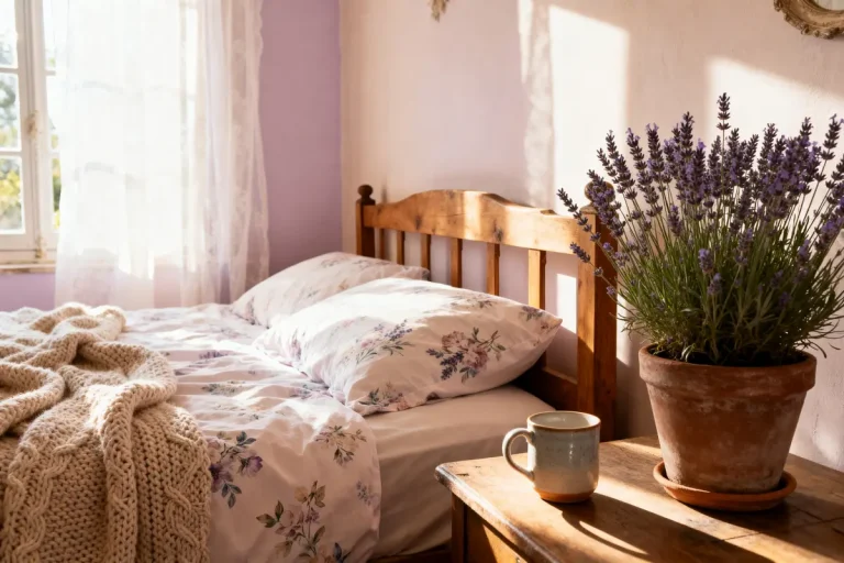 Chambre lumineuse avec lit en bois, couverture tricotée, pot de lavande, tasse sur table.