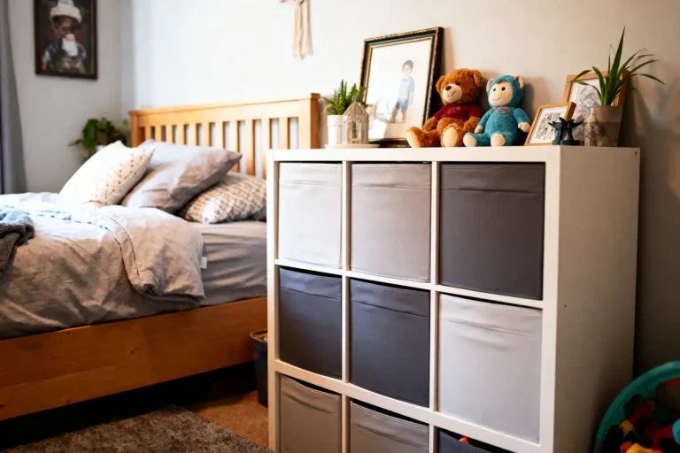 Chambre d'enfant avec lit en bois, étagère blanche, jouets en peluche, photos, plantes décoratives.