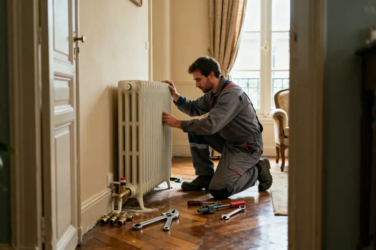 Chauffagiste ajustant un radiateur avec des outils dans un salon élégant
