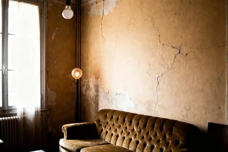 Salon vintage avec canapé marron, murs fissurés, lampadaire rétro, fenêtre et radiateur à gauche.