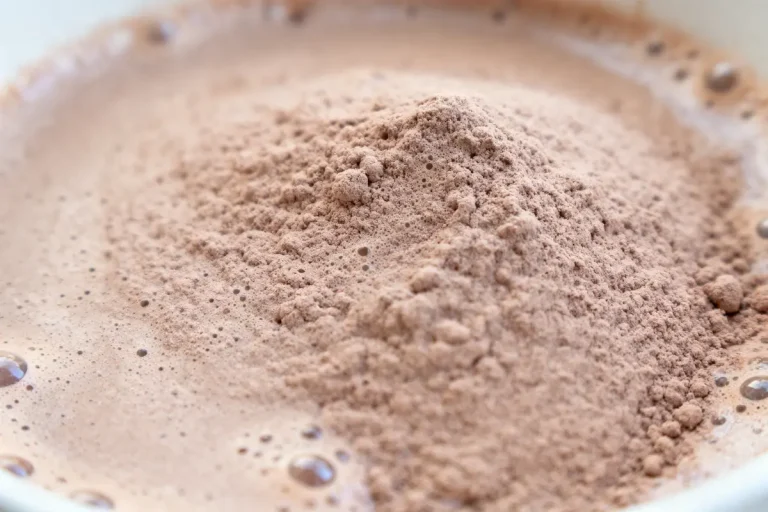 Poudre de chocolat dans une boisson chaude, formant une légère mousse.