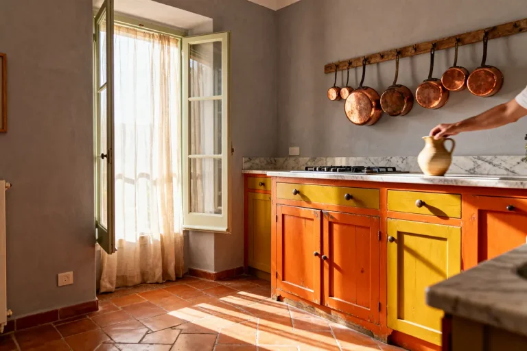 Cuisine ensoleillée avec tons chauds, exemplifiant l'utilisation de couleur pour une cuisine accueillante