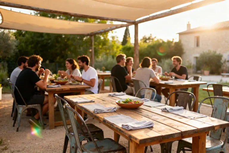 Un groupe de personnes dînant en extérieur, sous une terrasse ensoleillée, avec des tables en bois rustiques.
