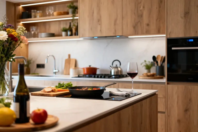 Cuisine moderne avec îlot central, planche à découper, verre de vin, et ustensiles. Élégante décoration boisée.