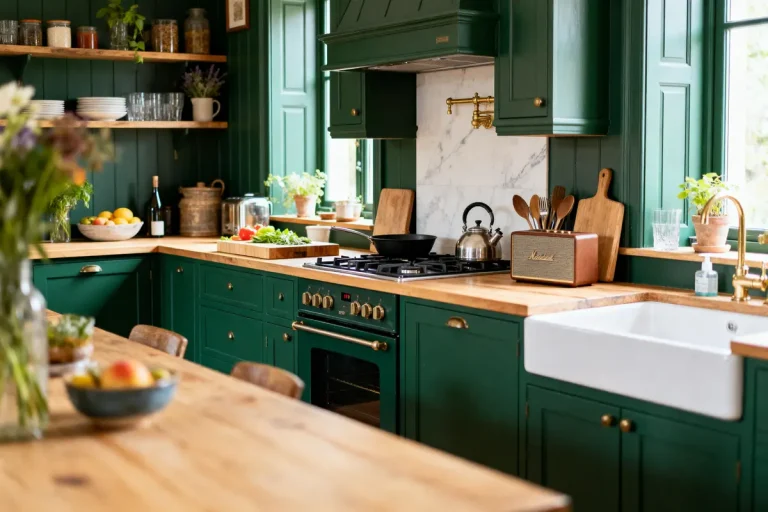 Cuisine élégante avec armoires vertes, plan de travail en bois, évier blanc, étagères ouvertes et accessoires de cuisine.
