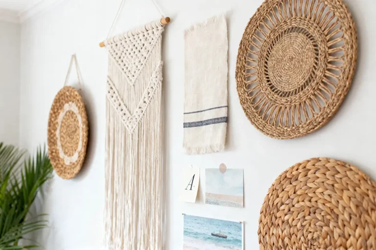 Décoration murale avec macramé, paniers en osier, et cartes postales sur fond blanc.