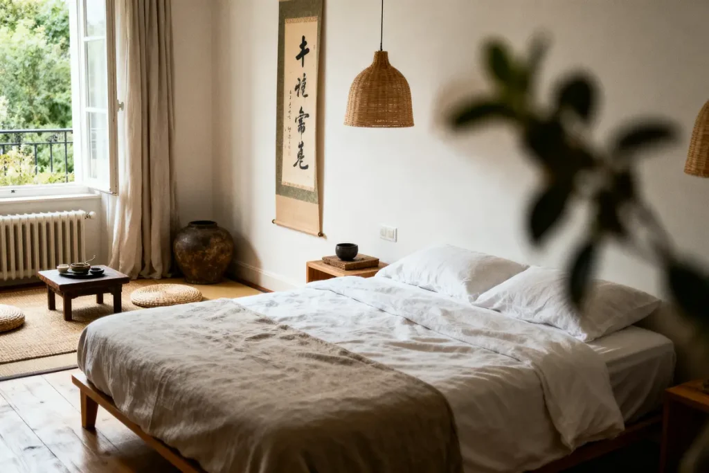 Chambre lumineuse et apaisante, style minimaliste avec lit, décoration orientale, table basse et coussins au sol.