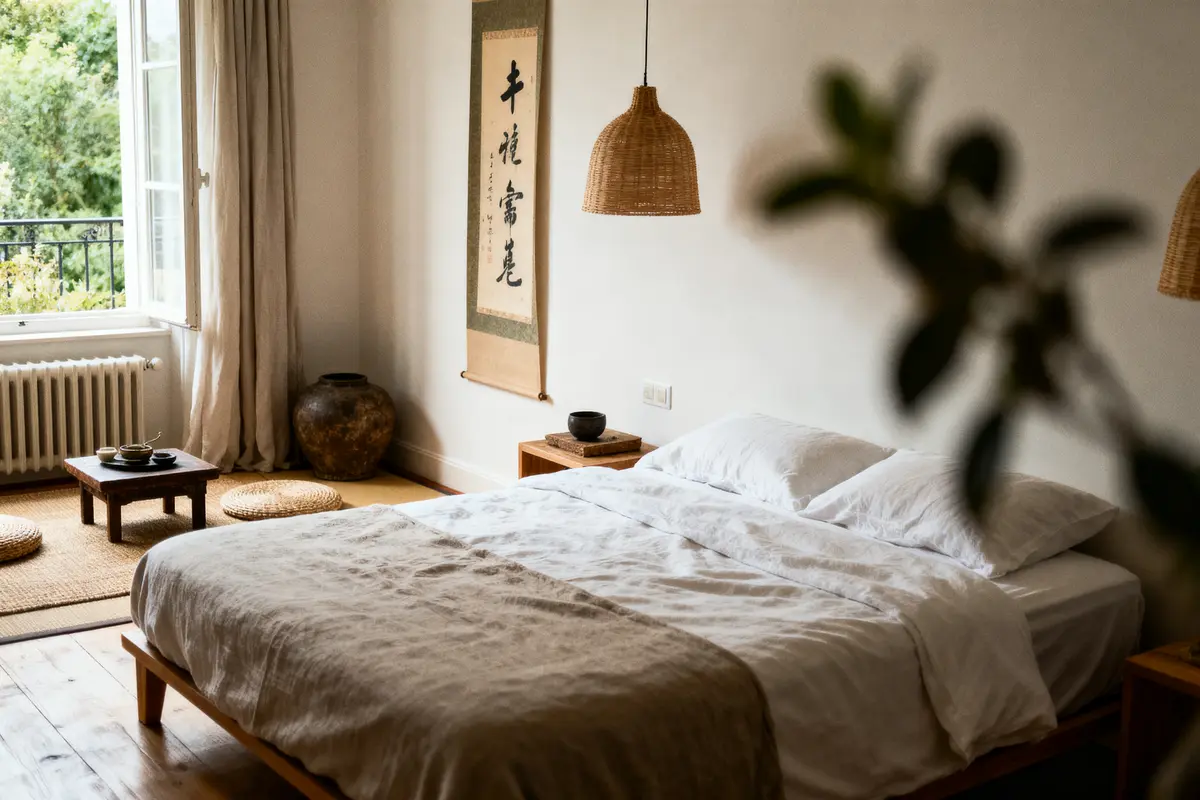 Chambre lumineuse et apaisante, style minimaliste avec lit, décoration orientale, table basse et coussins au sol.