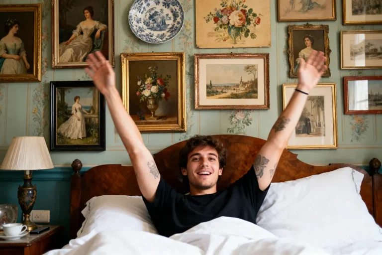 Homme souriant au lit, bras levés, mur décoré de nombreux tableaux anciens et une lampe à côté du lit.