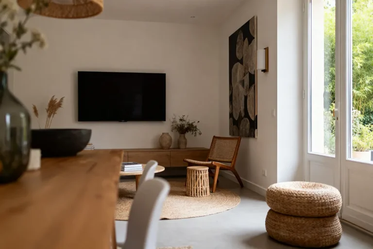 Salon moderne avec décoration minimaliste, mobilier en bois, grand écran mural, tapis rond, et lumière naturelle abondante.