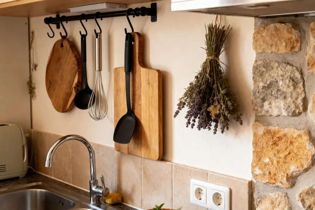 Cuisine rustique avec ustensiles suspendus, planche à découper, bouquet d'herbes sèches et évier en acier inoxydable.