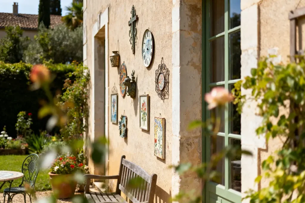 Façade de maison ensoleillée avec décorations murales, banc, fleurs et verdure environnante. Atmosphère sereine.