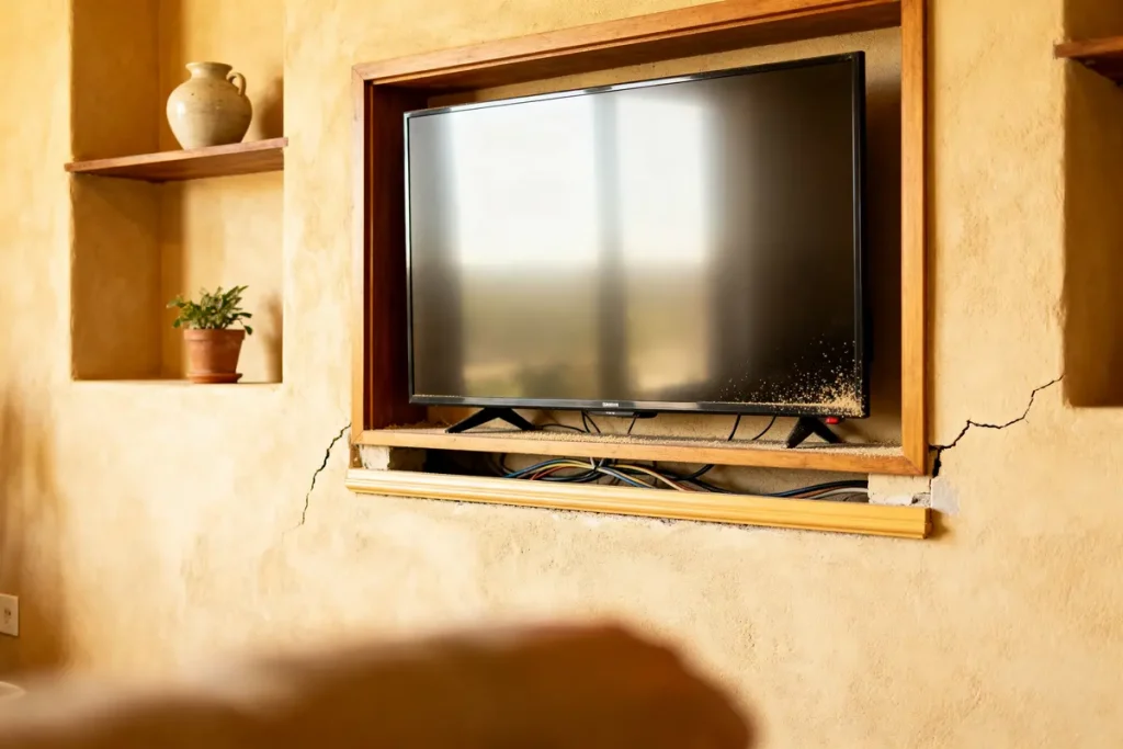 Télévision encastrée dans un mur beige avec étagères en bois, ornée de pots et fissures visibles.
