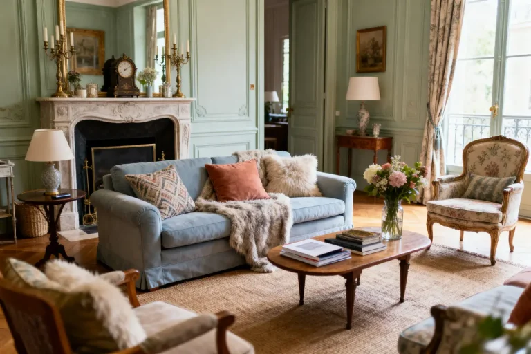 Salon élégant avec canapé bleu, cheminée classique, décor raffiné et lumière naturelle entrant par grandes fenêtres.