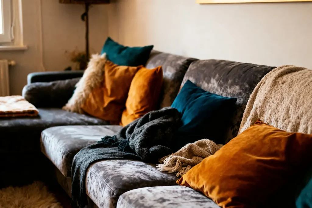 Canapé gris avec coussins colorés et couvertures, ambiance cosy dans un salon chaleureux.