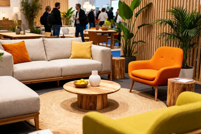 Salon moderne avec meubles colorés, plantes vertes, table basse en bois, ambiance chaleureuse et conviviale.