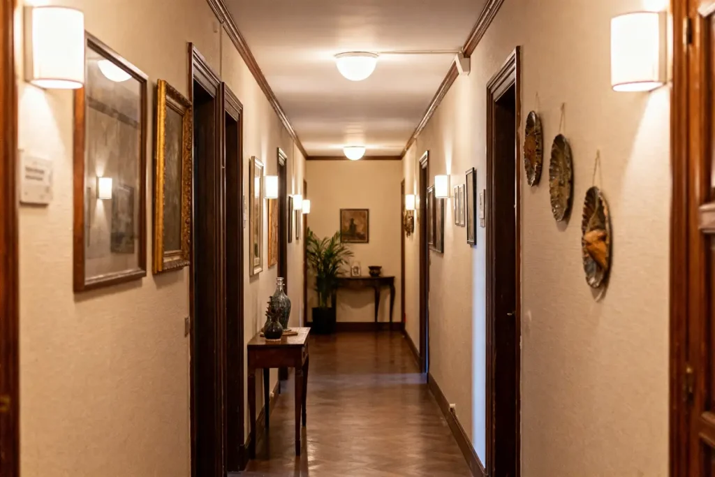 Couloir décoré avec des tableaux et lumières murales, plancher en bois, table et plantes au fond.
