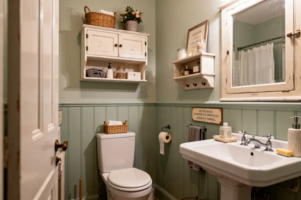 Petite salle de bain rustique avec étagères blanches, lavabo blanc, papier toilette et accessoires de rangement élégants.