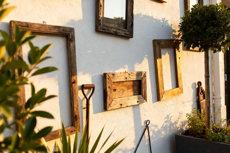 Cadres en bois fixés sur un mur blanc, avec ombres au soleil. Plantes en avant-plan. Ambiance rustique.