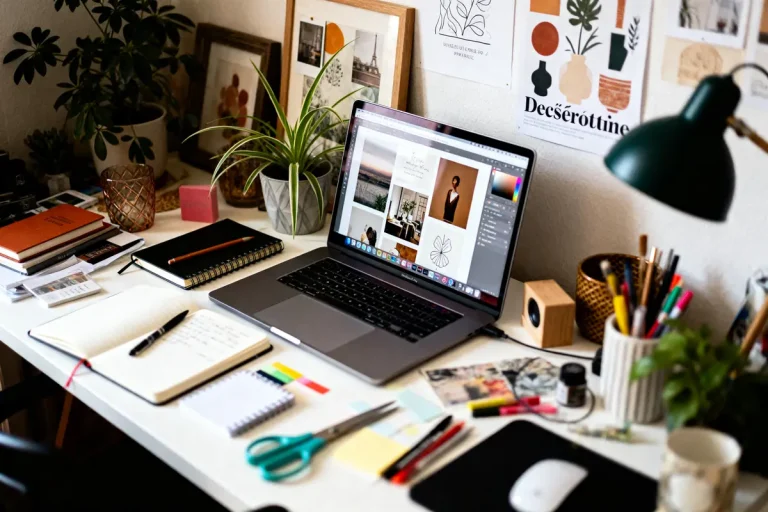 Bureau créatif avec ordinateur portable, carnets, plantes, et fournitures de bureau organisées. Ambiance inspirante et artistique.