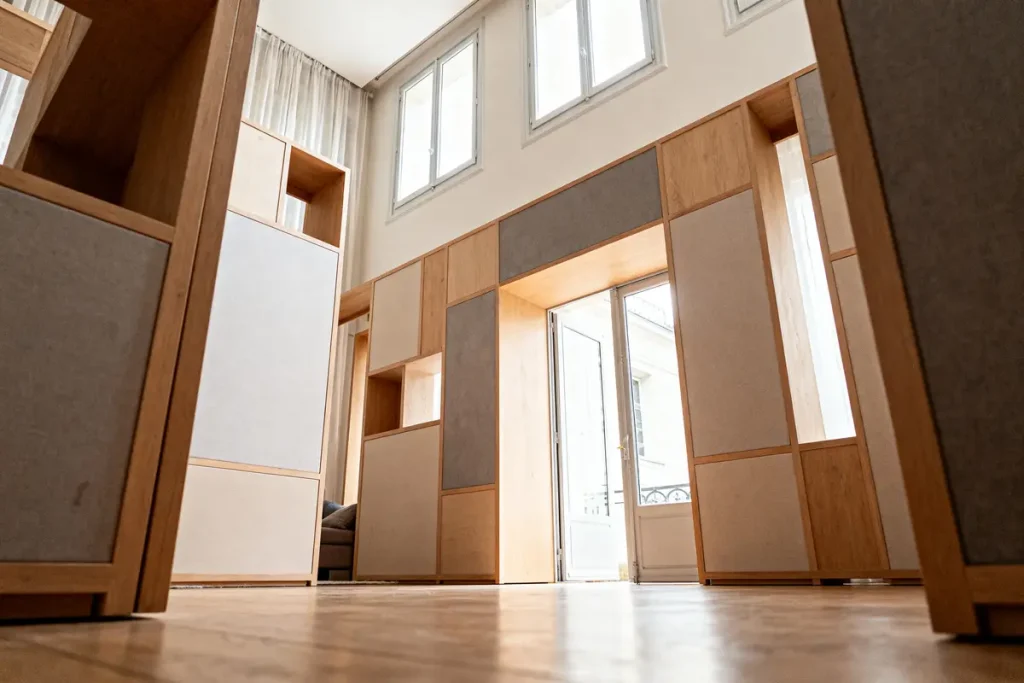 Pièce lumineuse avec grande bibliothèque en bois, fenêtres hautes et murs clairs éclairant l'intérieur spacieux.