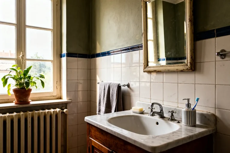 Salle de bain ancienne avec lavabo en marbre, miroir, fenêtre, plante verte, carrelage blanc et robinet en métal.