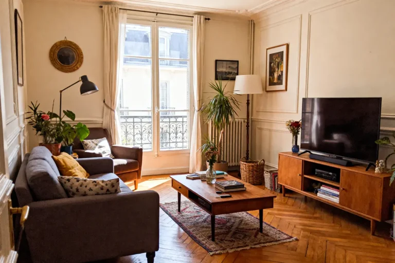 Salon élégant avec parquet en bois, canapé gris, table basse, plantes et grande fenêtre lumineuse.
