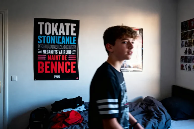 Un adolescent debout dans une chambre, avec posters au mur et lit désordonné.