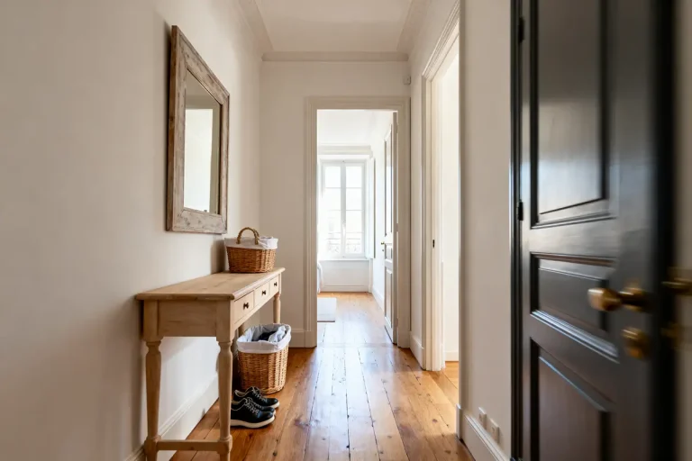 Un couloir avec parquet, console en bois, miroir, paniers, chaussures, menant à une chambre lumineuse.