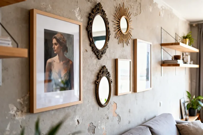 Mur texturé avec tableaux, miroirs décoratifs et étagères bois au-dessus d'un canapé gris.