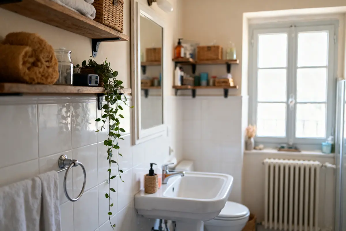Salle de bains lumineuse avec étagères en bois, plantes et fenêtres. Lavabo blanc et radiateur visible.