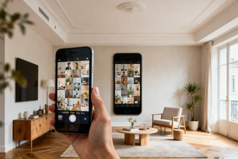 Une main tenant un smartphone devant un intérieur moderne avec parquet et mobilier élégant.