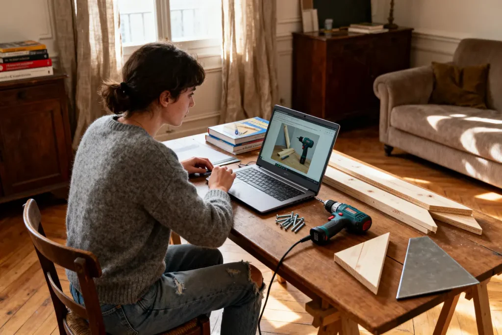 Personne en train de rechercher des tutoriels de bricolage sur un ordinateur portable, perceuse et planches en bois à proximité.