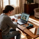 Personne en train de rechercher des tutoriels de bricolage sur un ordinateur portable, perceuse et planches en bois à proximité.
