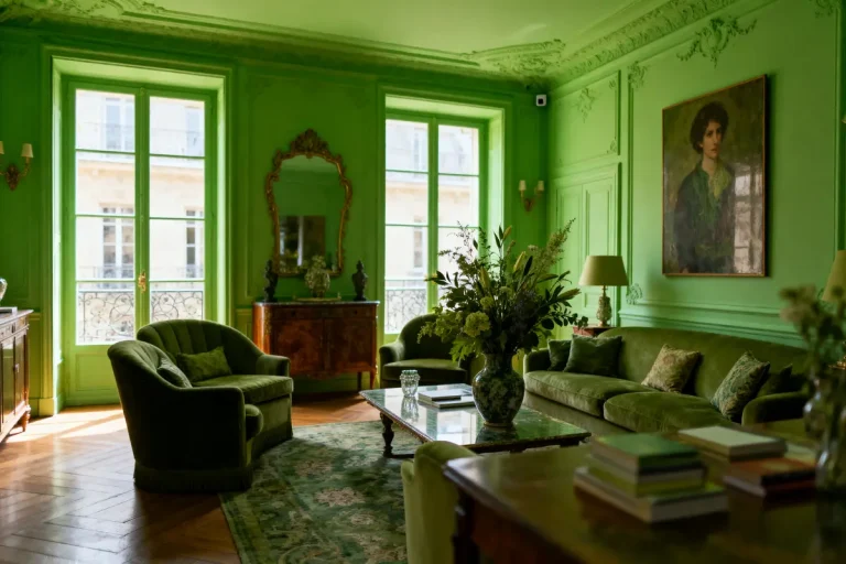 Salon élégant aux murs verts, meubles anciens, miroirs dorés, canapé et fauteuil verts, table basse fleurie.