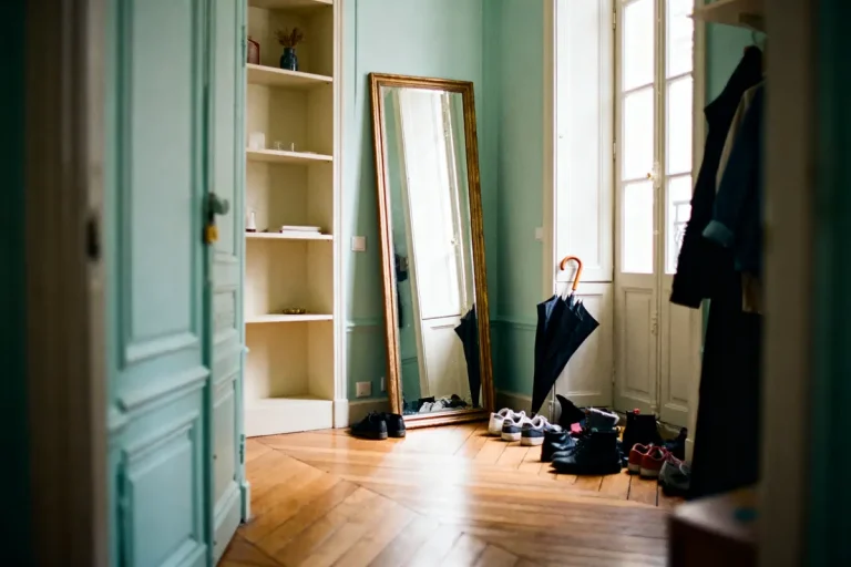 Couloir lumineux avec un miroir doré, étagères, chaussures, parapluie et parquet en bois clair.