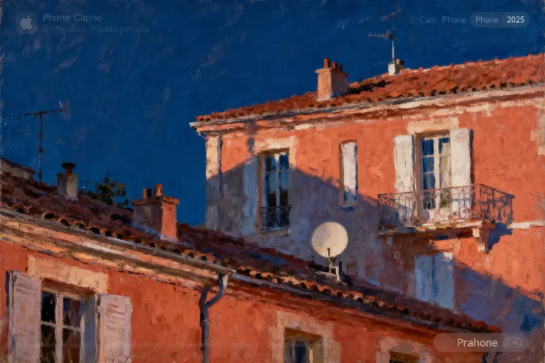 Peintures murales d'immeubles rouges sous un ciel bleu profond, illuminées par la lumière du soleil couchant.